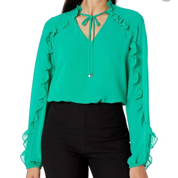 Calvin Klein Striped Ruffle Trim Blouse - Picture 5 of 6